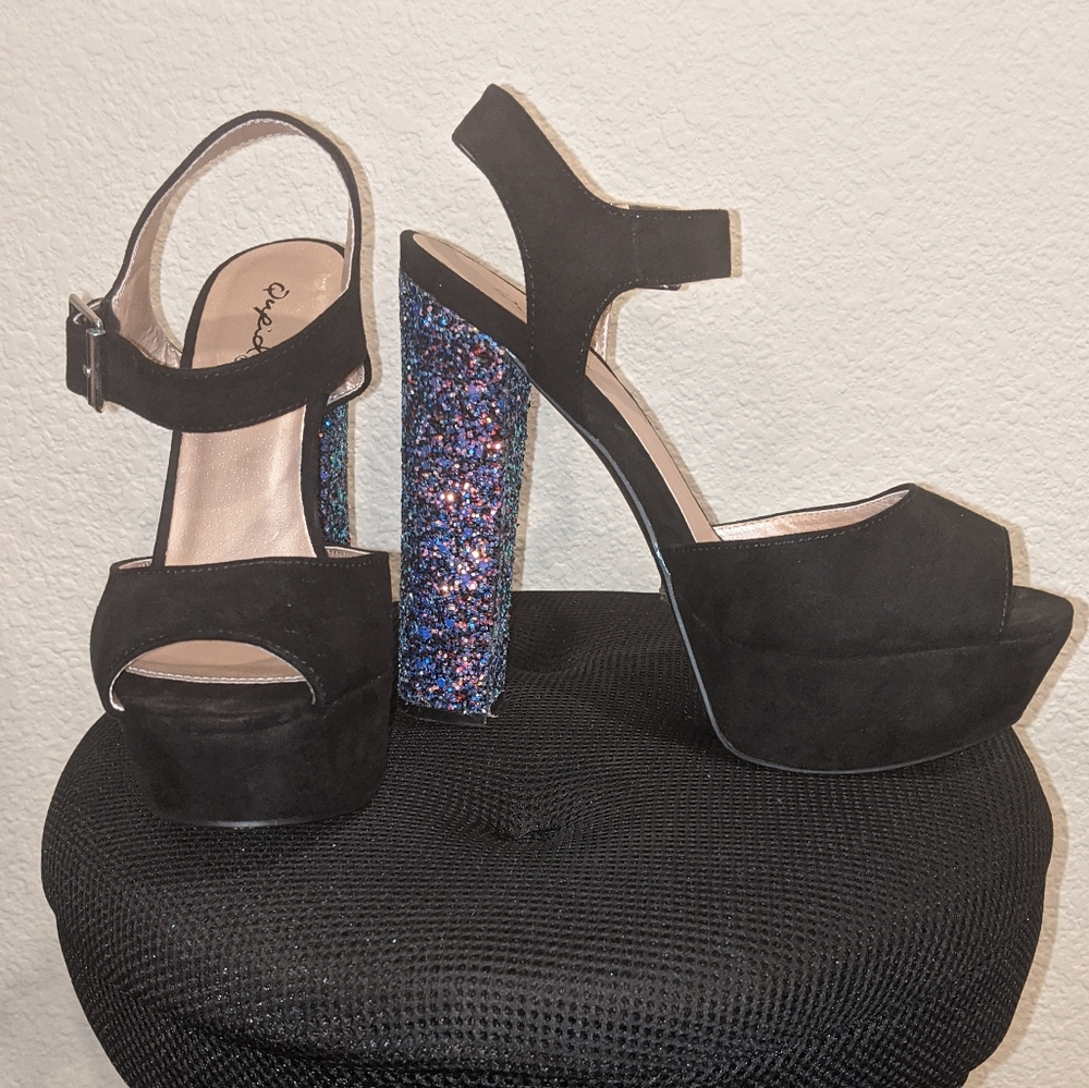 Black and Glitter Blue Heels
